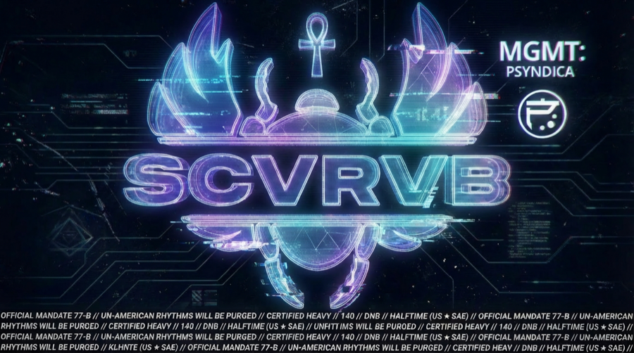 SCVRVB — winged scarab wordmark, thermal hologram treatment